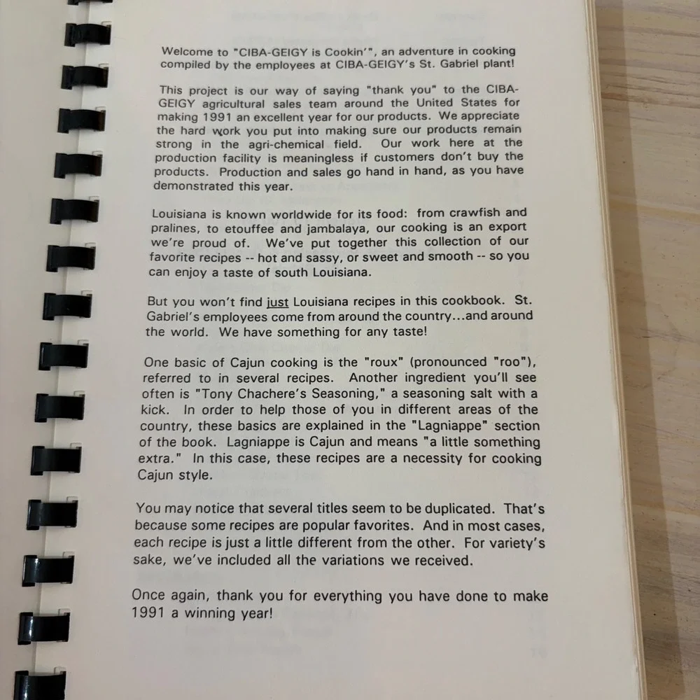 Vintage 1991 Ciba-Geigy Is Cookin Cajun Creole Louisiana Community Cookbook